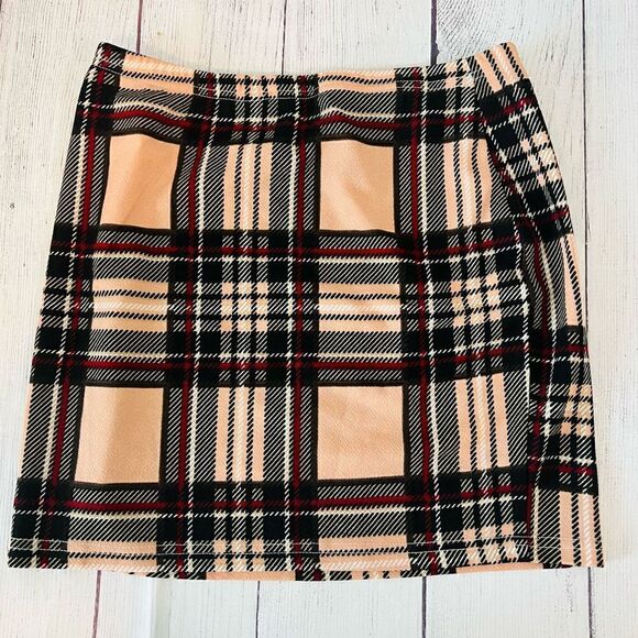 Plaid Peach Black and Red Straight Mini Bodycon Skirt Size M - Picture 1 of 5